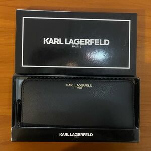 Karl Lagerfeld Black Textured Zip-Around Wallet with Gold Logo